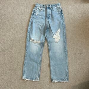 Zara Light Wash Blue Distressed Jeans Straight Leg High Rise Denim Size 2